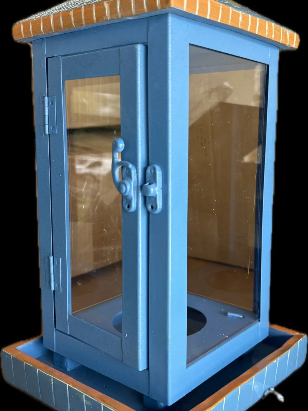 Handcrafted Blue Floral Mosaic Lantern - Decorative Home Accent Bird feeder.